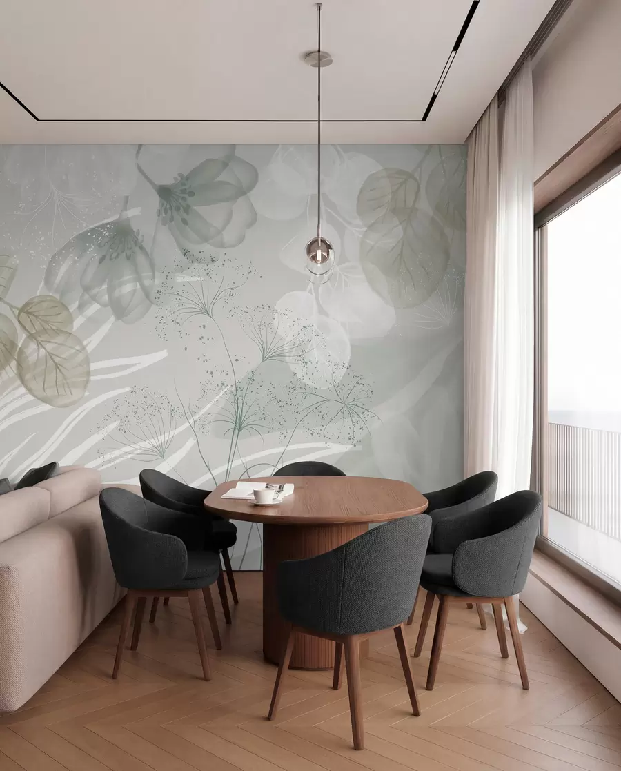 wall murals Floral eucaliptus elements in shades of green and white with overlapping leaves and petals in a minimalist style w08599v1