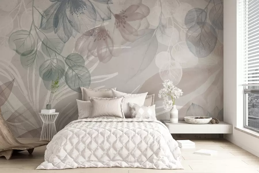 wall murals Pastel-colored floral print with transparent large abstract flowers and leaves in shades of gray, pink, and green w08600