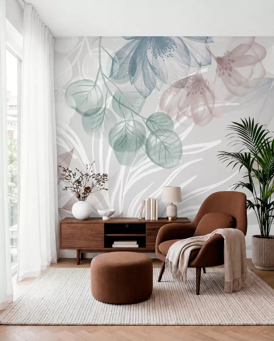 wall murals Pastel-colored floral print with transparent large abstract flowers and leaves in shades of gray, pink, and green w08600