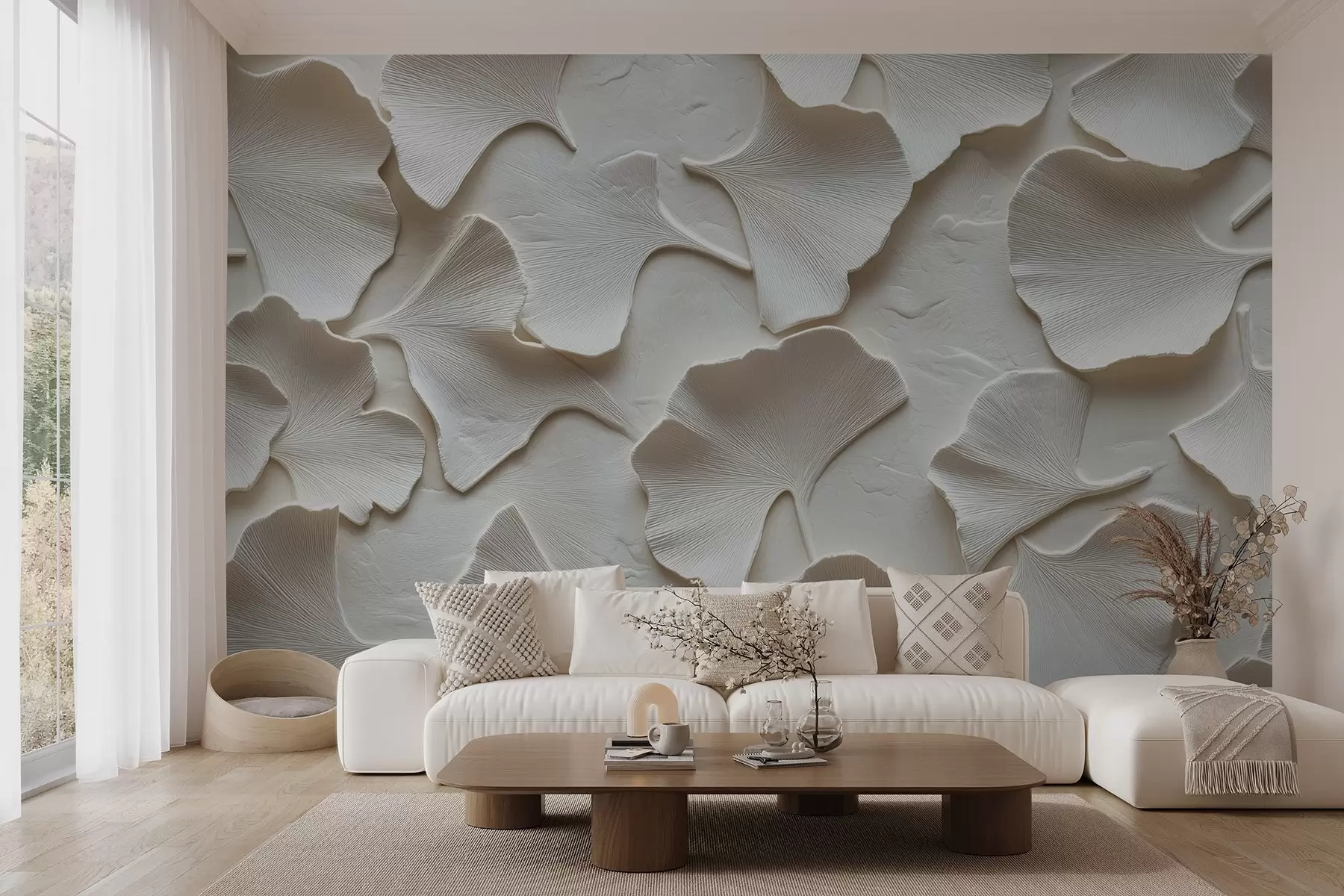 wall murals Stucco with delicate embossing of ginkgo leaves on a white background w08560v1