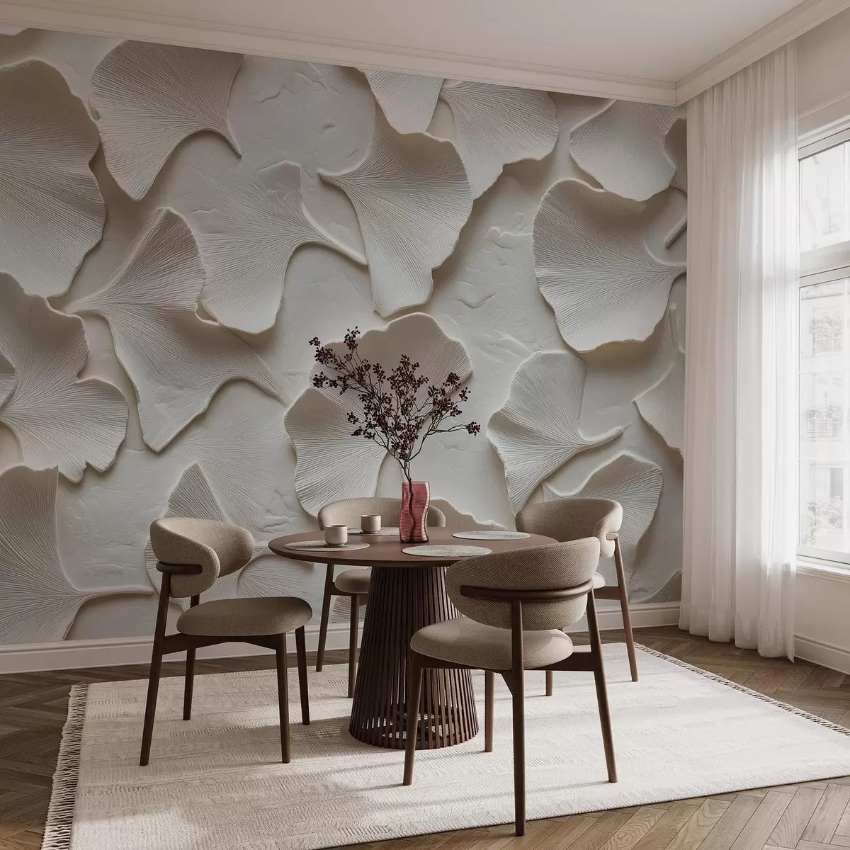 wall murals Stucco with delicate embossing of ginkgo leaves on a white background w08560v1