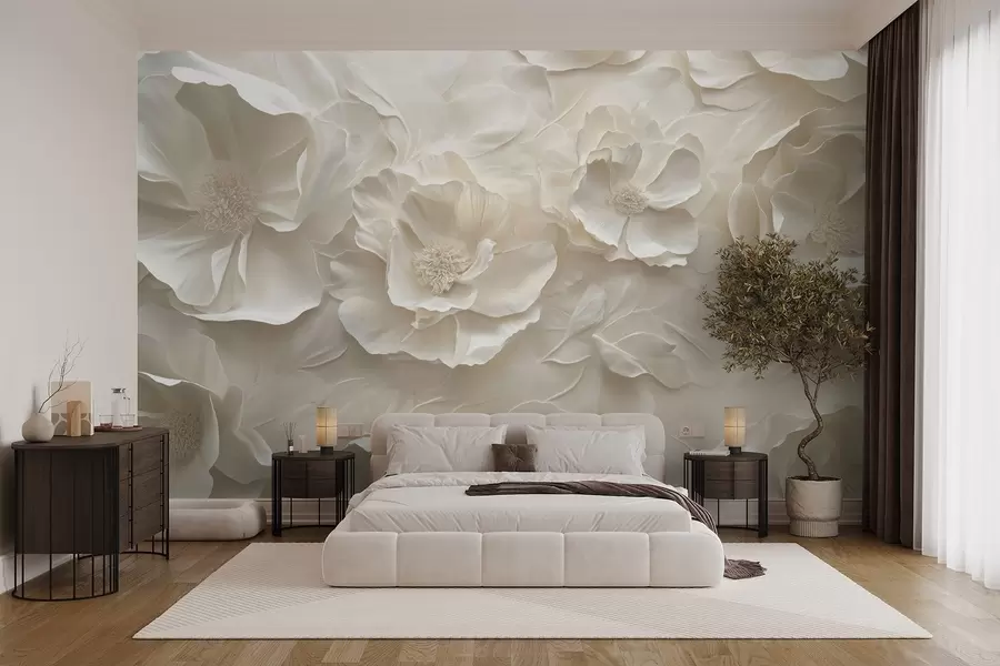 wall murals Airy flowers in warm tones against a background of leaf strokes w08562