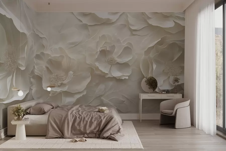 wall murals Airy flowers in warm tones against a background of leaf strokes w08562