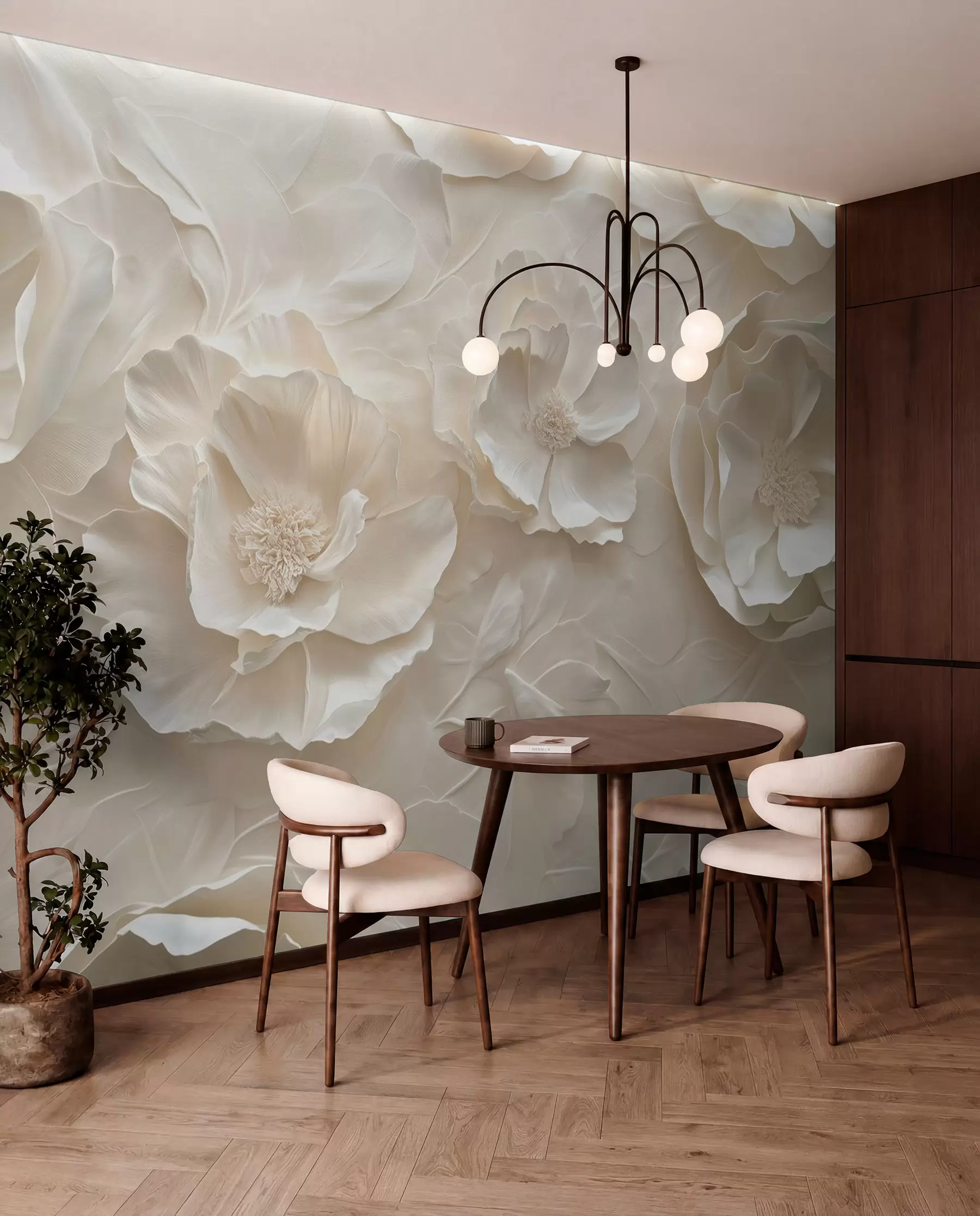 wall murals Airy flowers in warm tones against a background of leaf strokes w08562