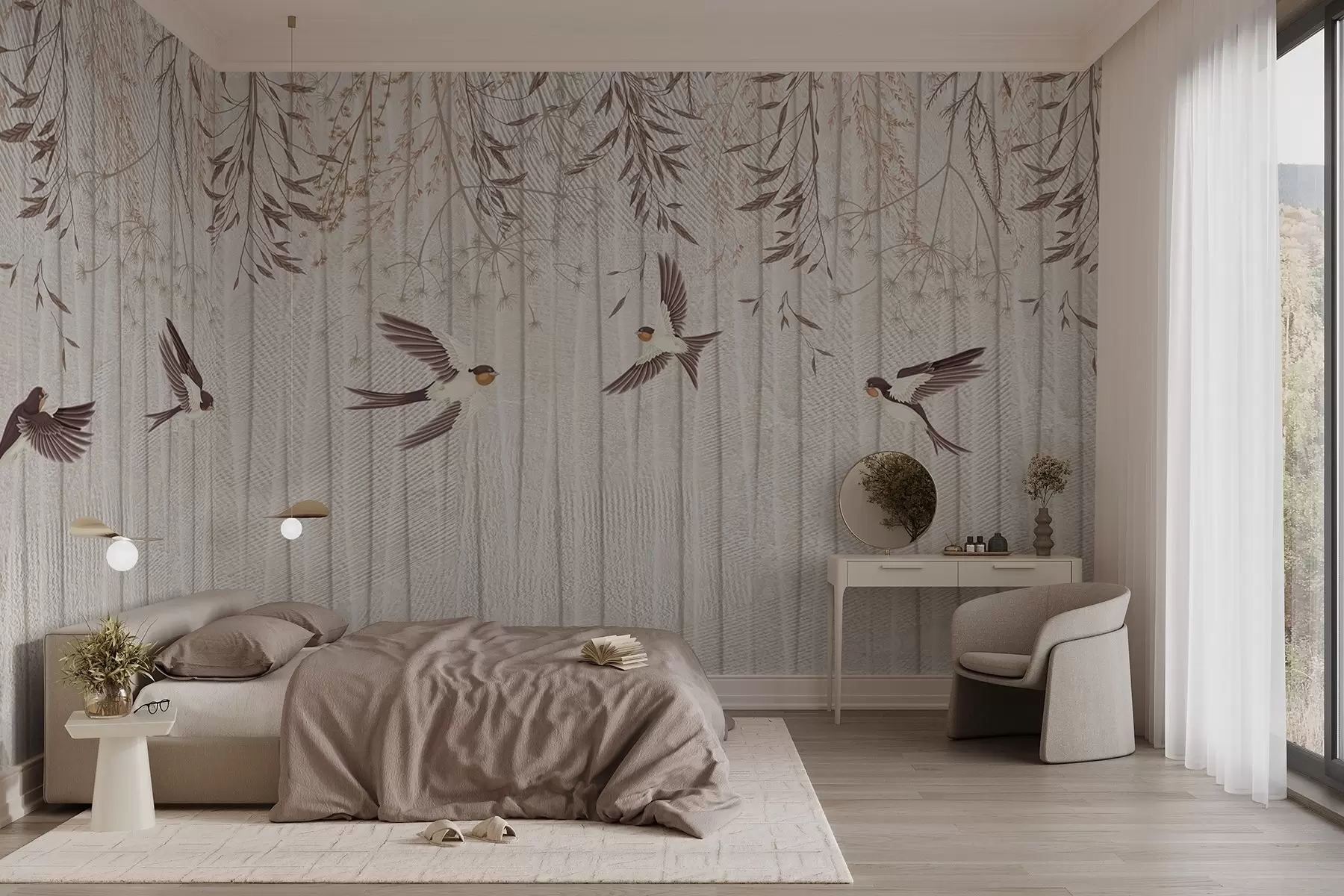 wall murals Flying birds on a textured background with dandelions and flowers w08566