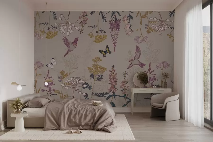 wall murals an ensemble of wildflowers and birds on a beige background w02634