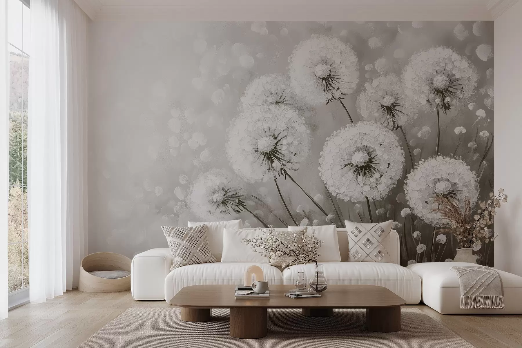 wall murals Air dandelions on a monochrome background w08594