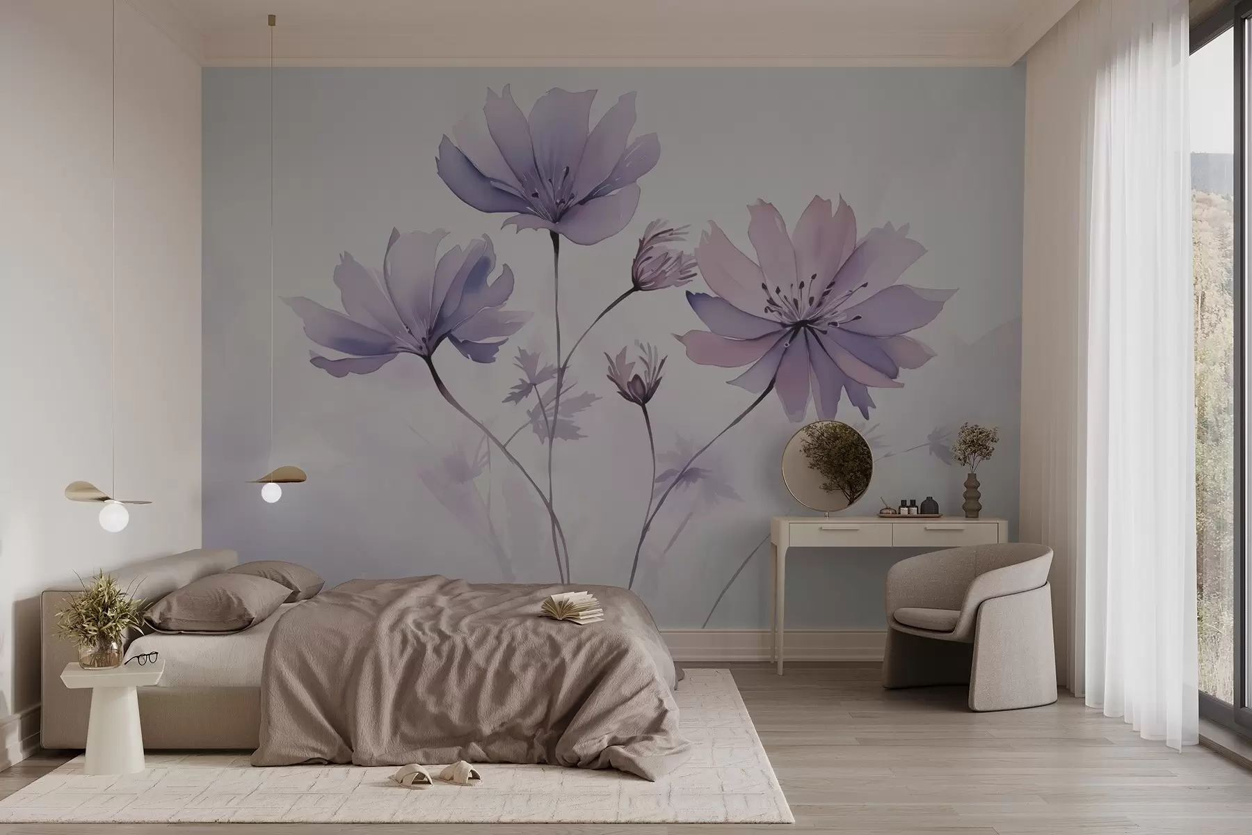 wall murals Delicate purple pink flowers imitation of watercolor w02716
