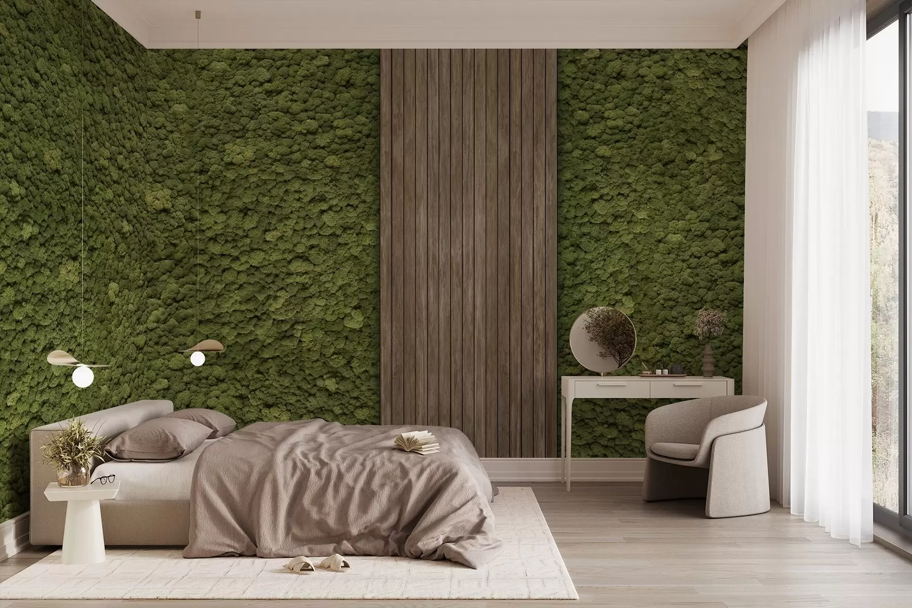 wall murals Moss style wall with wooden panel, lush olive colors w02656v3