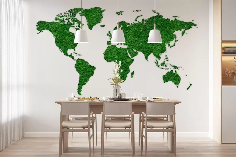 wall murals World map with moss, nature, green color palette  w02657