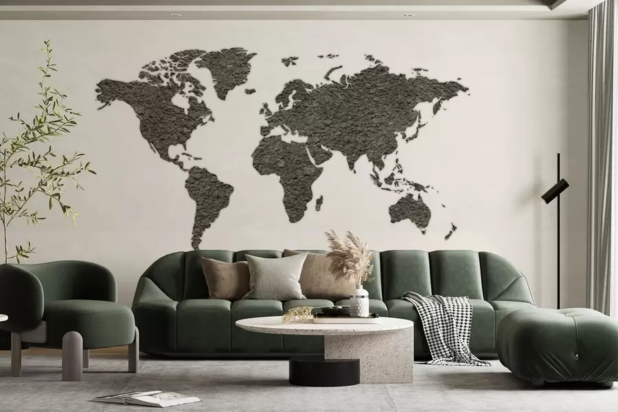 wall murals World map with moss, nature, grey color palette  w02657v6