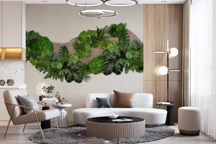 wall murals Floral panel with palm leaves, moss and wooden background w02717