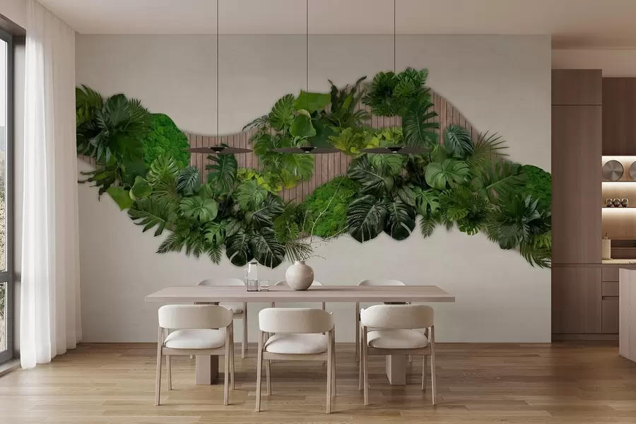 wall murals Floral panel with palm leaves, moss and wooden background w02717