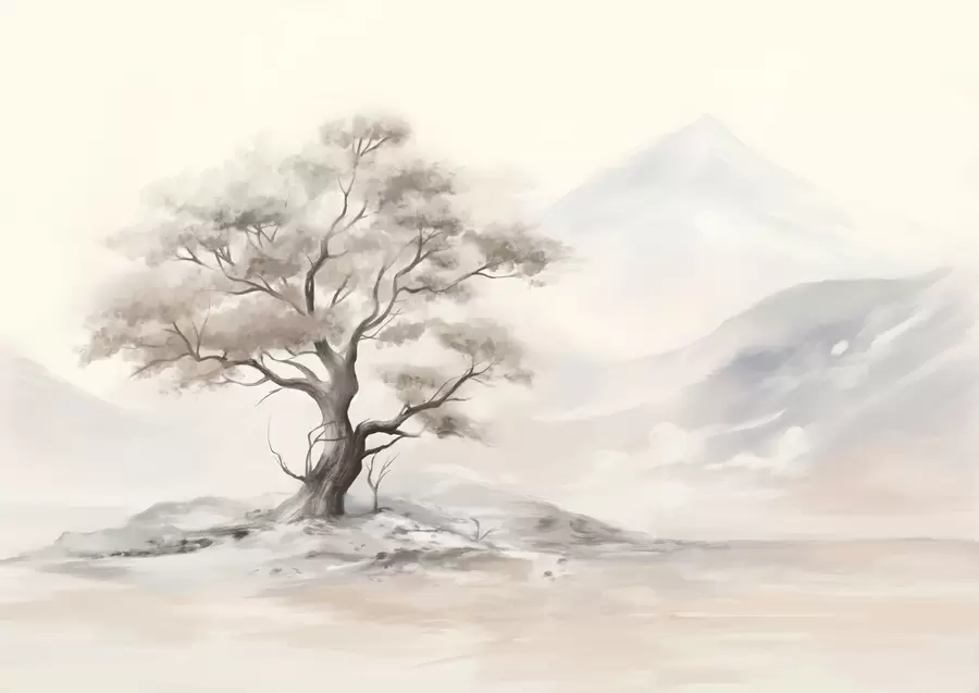wall murals A minimalistic drawing of a lone, twisted tree in a desolate, rocky landscape with mountains in the background  w08604