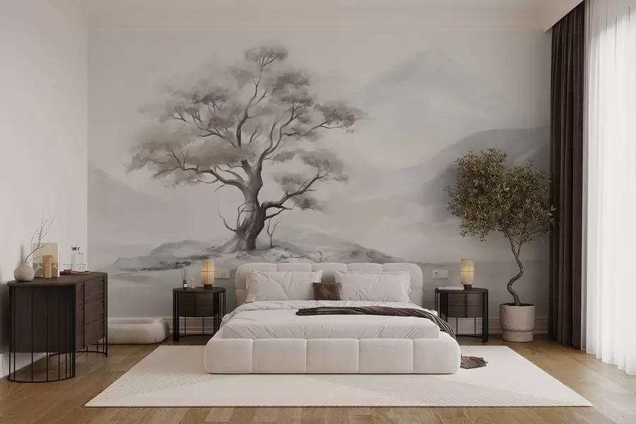 wall murals A minimalistic drawing of a lone, twisted tree in a desolate, rocky landscape with mountains in the background  w08604