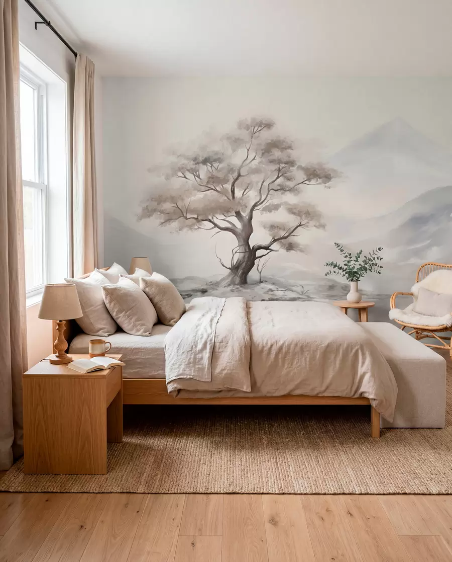 wall murals A minimalistic drawing of a lone, twisted tree in a desolate, rocky landscape with mountains in the background  w08604