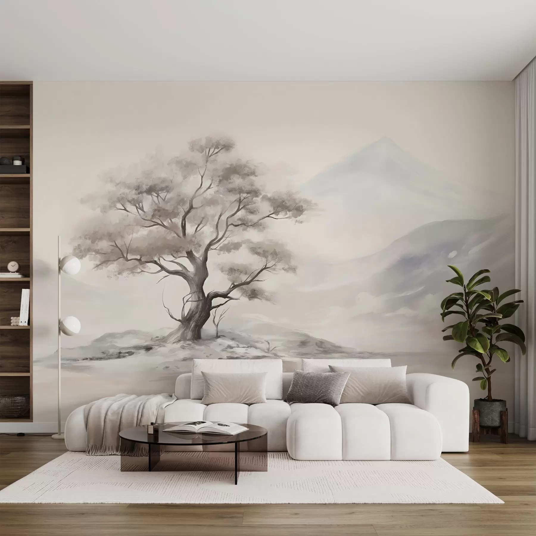 wall murals A minimalistic drawing of a lone, twisted tree in a desolate, rocky landscape with mountains in the background  w08604