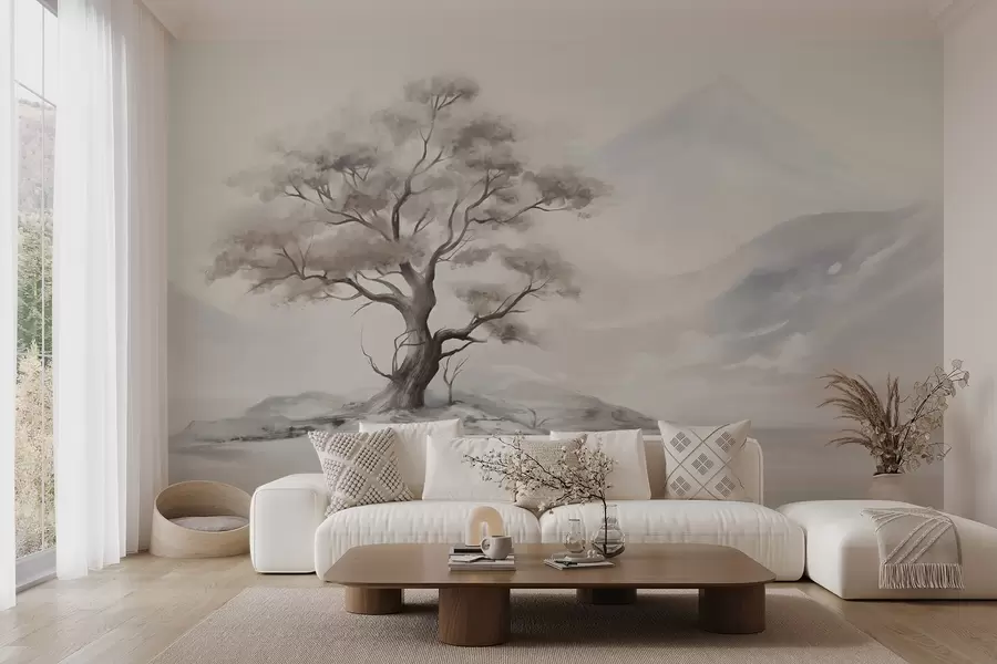 wall murals A minimalistic drawing of a lone, twisted tree in a desolate, rocky landscape with mountains in the background  w08604