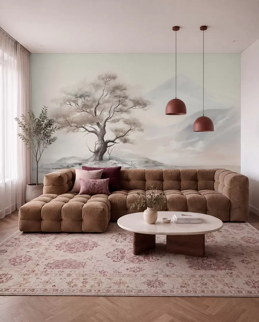 wall murals A minimalistic drawing of a lone, twisted tree in a desolate, rocky landscape with mountains in the background  w08604