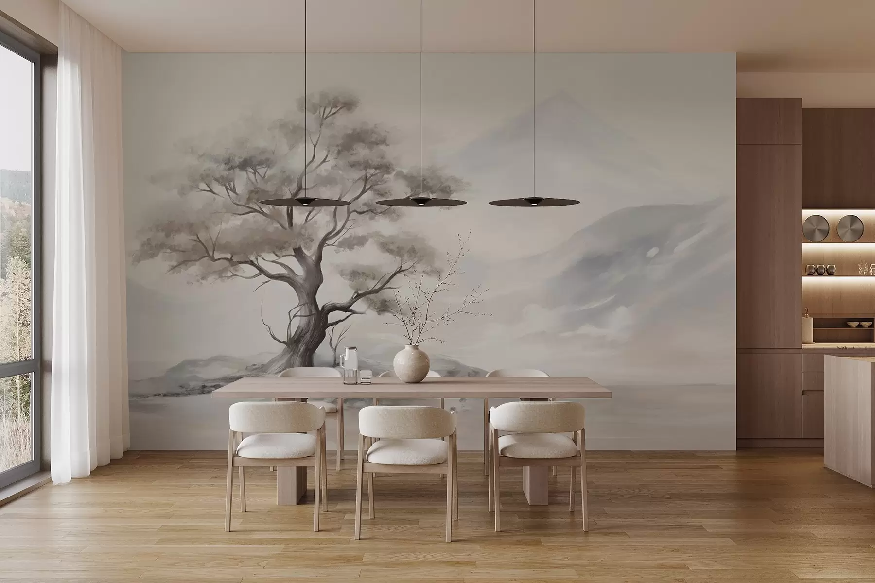 wall murals A minimalistic drawing of a lone, twisted tree in a desolate, rocky landscape with mountains in the background  w08604