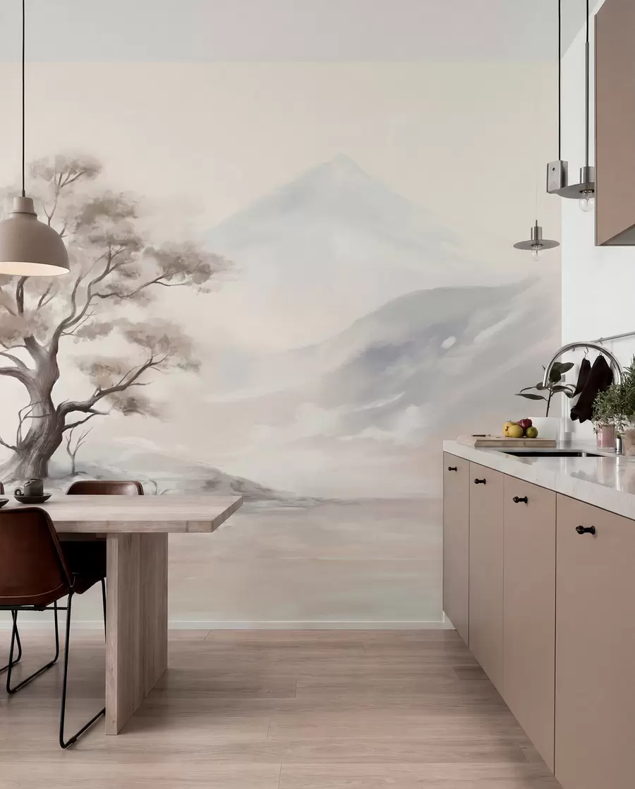 wall murals A minimalistic drawing of a lone, twisted tree in a desolate, rocky landscape with mountains in the background  w08604