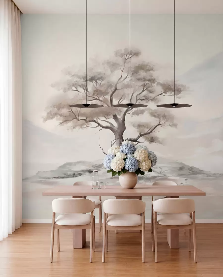 wall murals A minimalistic drawing of a lone, twisted tree in a desolate, rocky landscape with mountains in the background  w08604