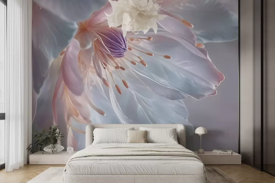 wall murals A close-up of a delicate, pastel-colored flower with soft, translucent petals and a vibrant center w08605