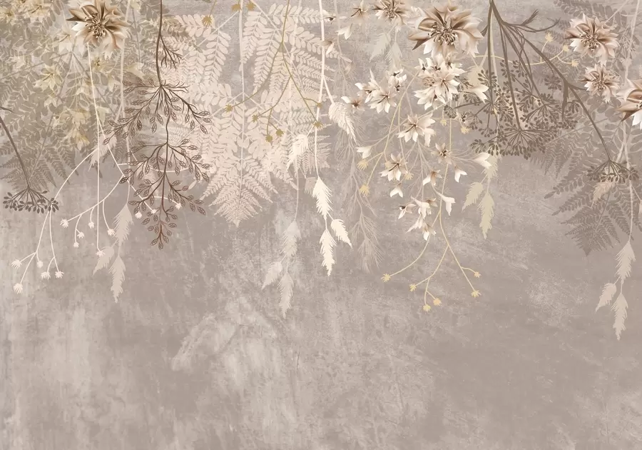 wall murals A dreamy, delicate, wispy plants, spikelets and flowers in brown pastel colors against a hazy, textured background w08606v1