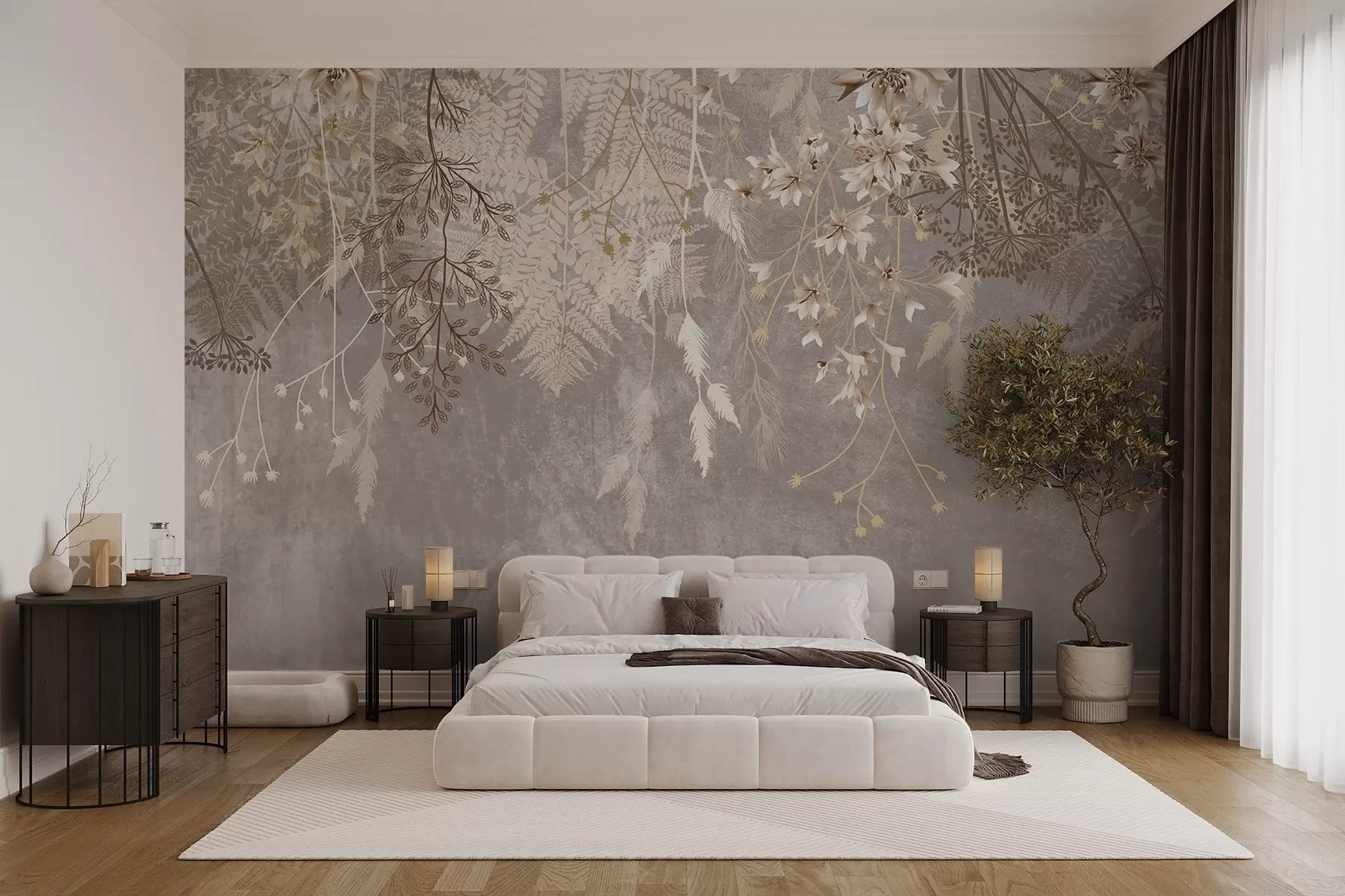 wall murals A dreamy, delicate, wispy plants, spikelets and flowers in brown pastel colors against a hazy, textured background w08606v1