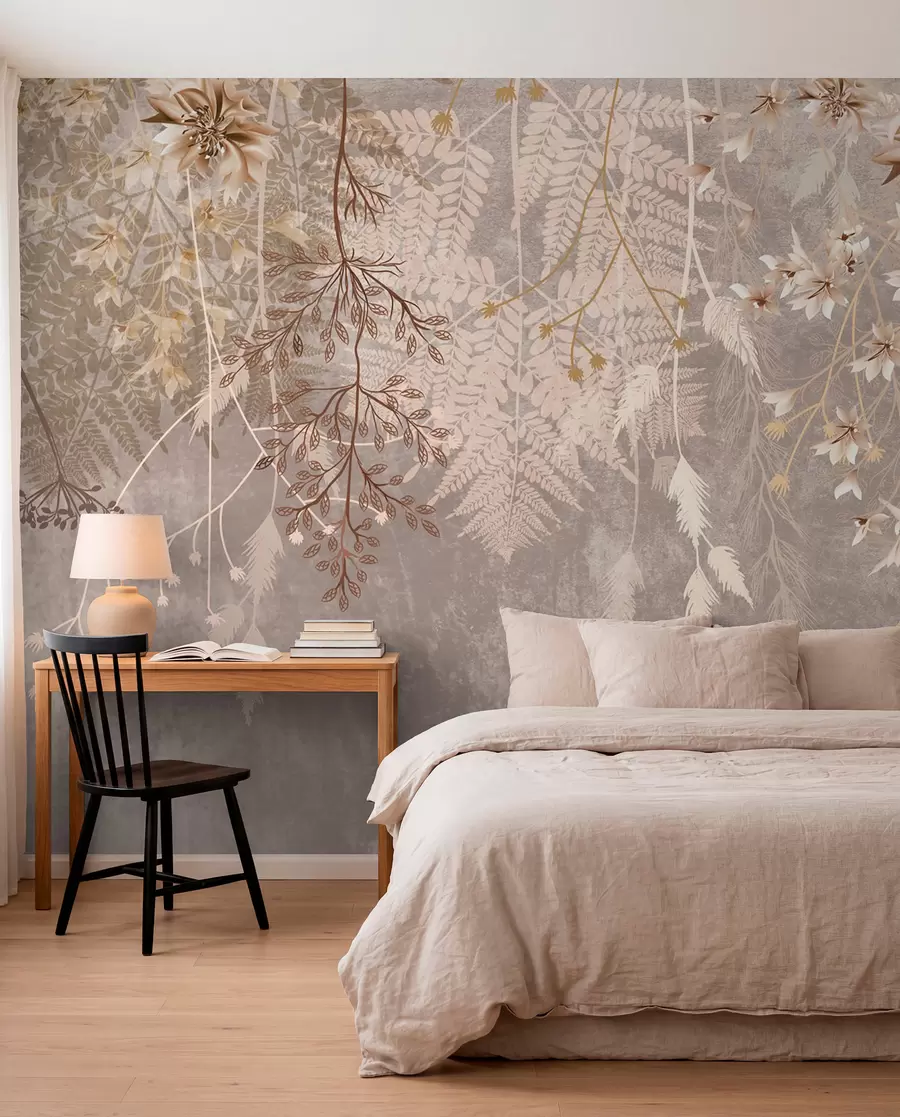 wall murals A dreamy, delicate, wispy plants, spikelets and flowers in brown pastel colors against a hazy, textured background w08606v1