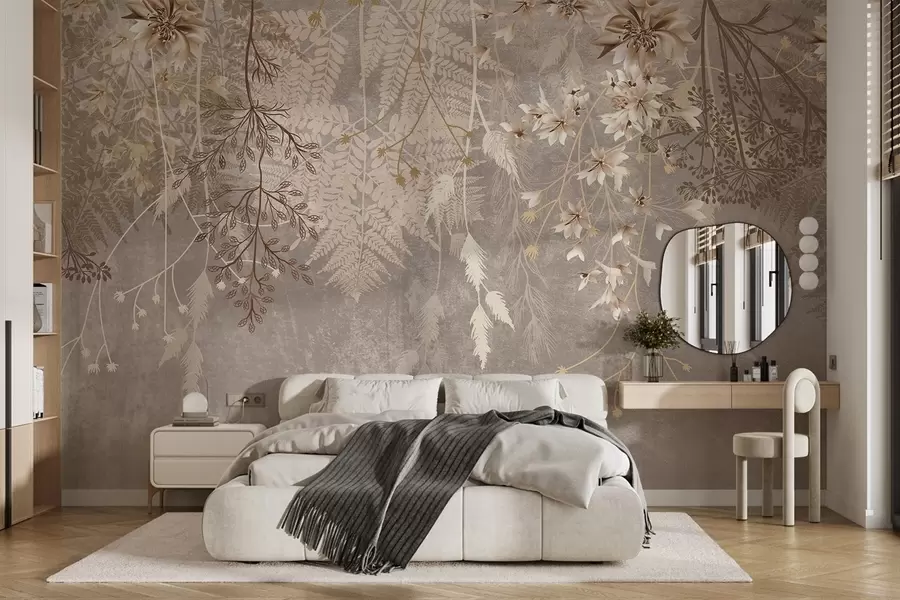 wall murals A dreamy, delicate, wispy plants, spikelets and flowers in brown pastel colors against a hazy, textured background w08606v1