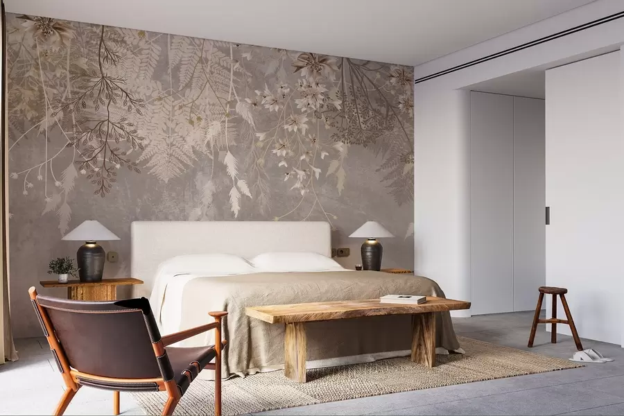 wall murals A dreamy, delicate, wispy plants, spikelets and flowers in brown pastel colors against a hazy, textured background w08606v1