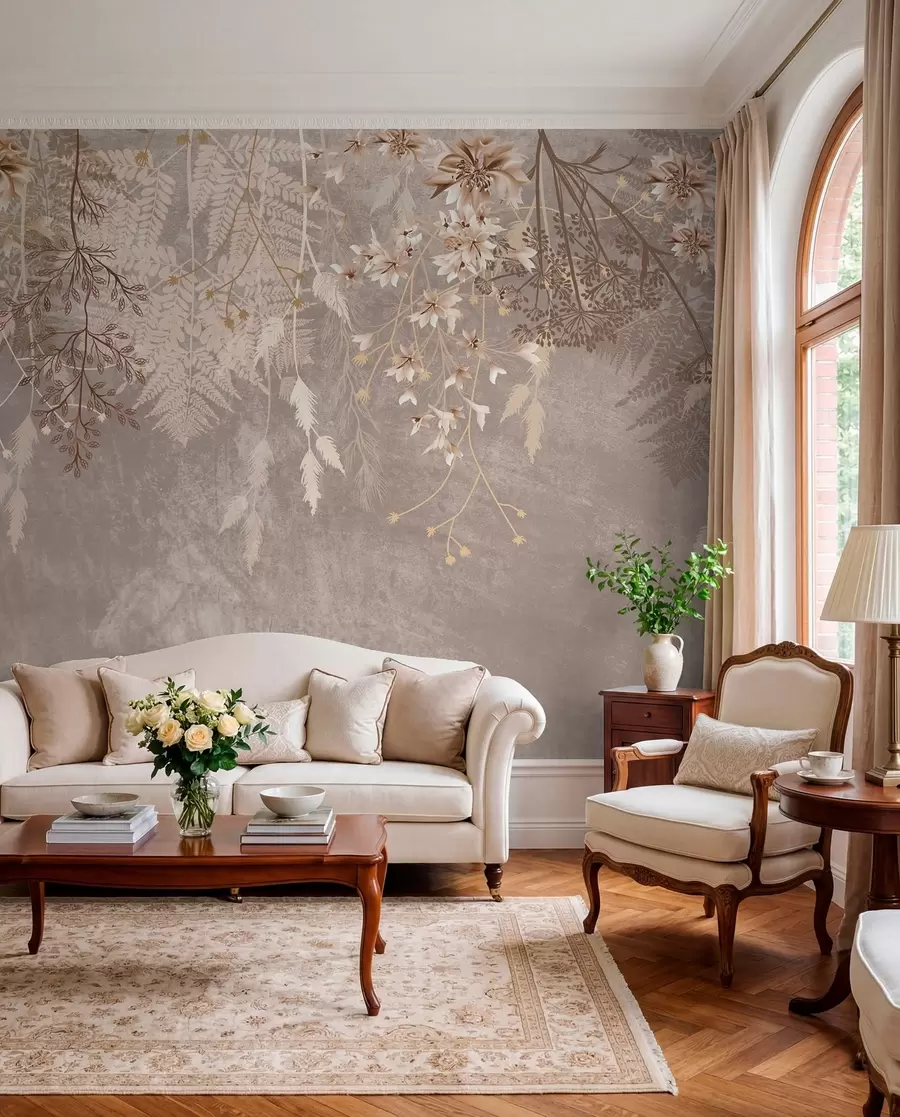 wall murals A dreamy, delicate, wispy plants, spikelets and flowers in brown pastel colors against a hazy, textured background w08606v1