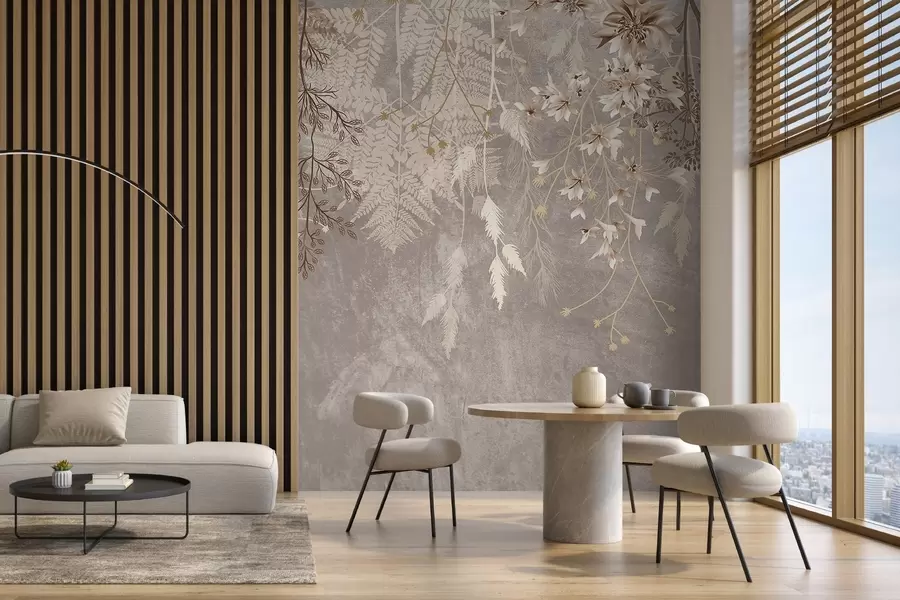 wall murals A dreamy, delicate, wispy plants, spikelets and flowers in brown pastel colors against a hazy, textured background w08606v1