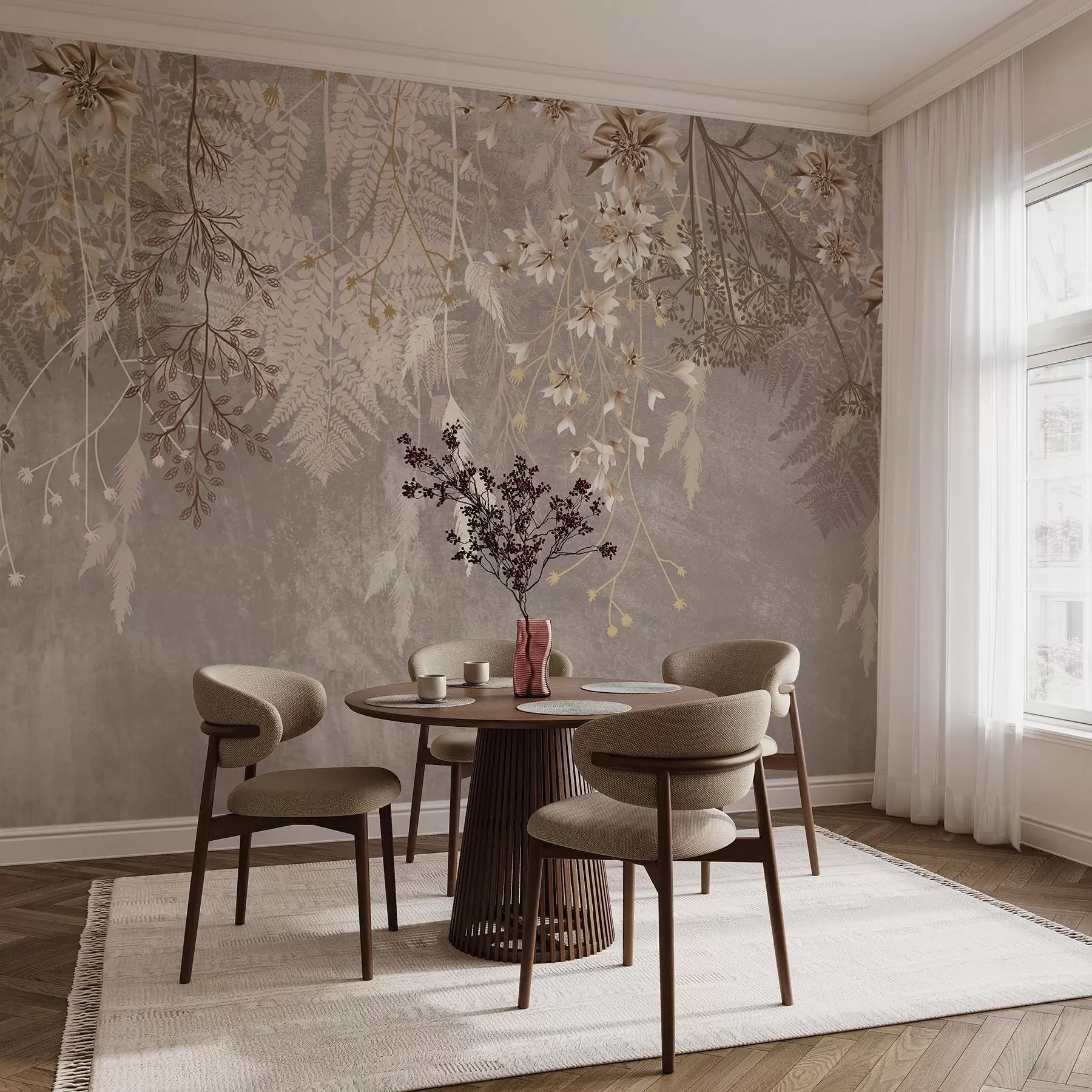 wall murals A dreamy, delicate, wispy plants, spikelets and flowers in brown pastel colors against a hazy, textured background w08606v1