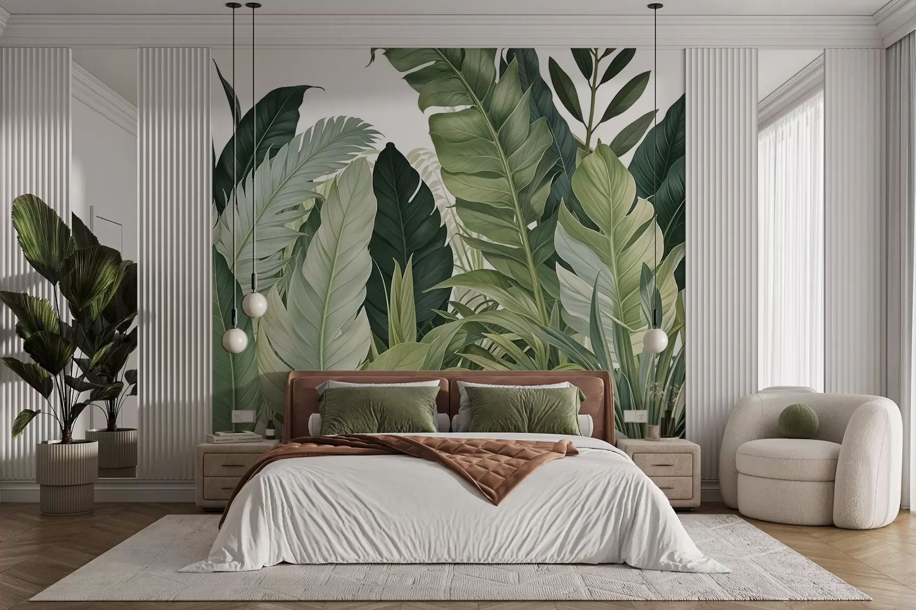wall murals Tropical foliage with various large green leaves, including banana leaves, palm leaves, and other exotic plant species w08609
