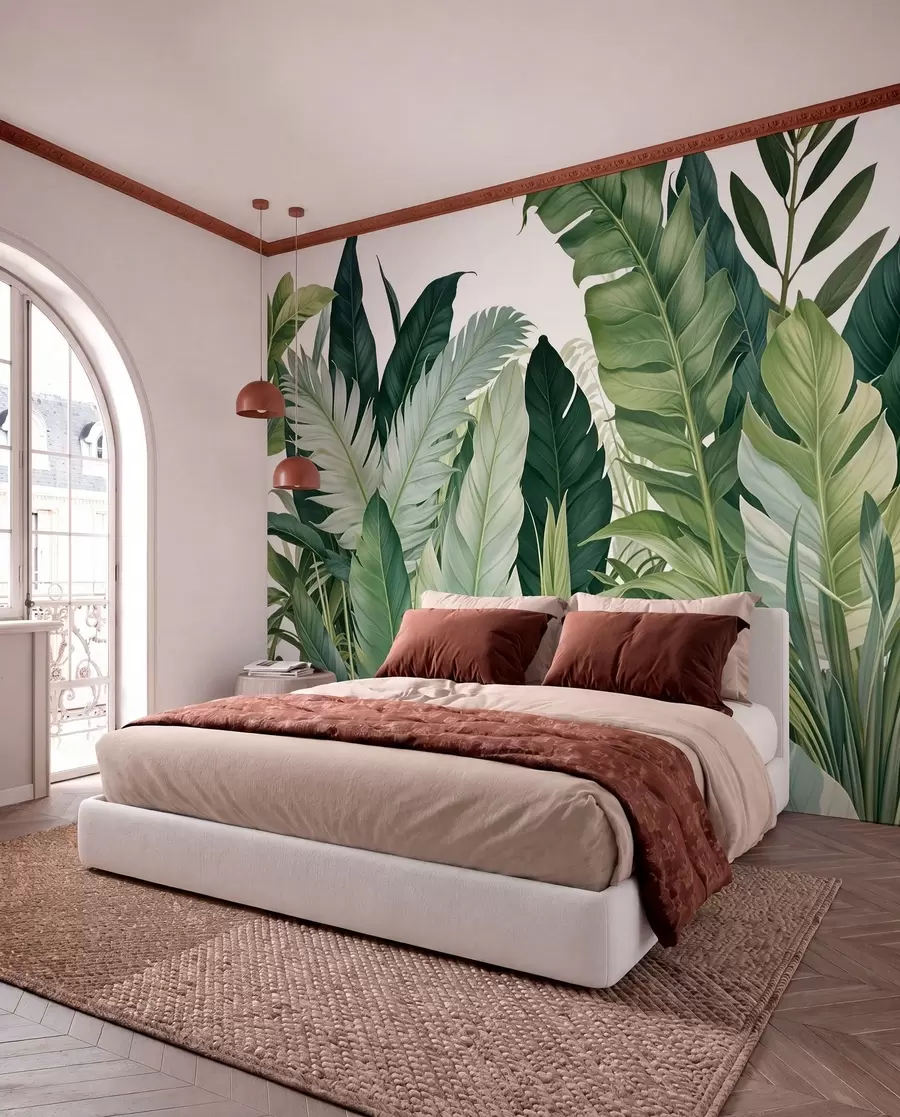 wall murals Tropical foliage with various large green leaves, including banana leaves, palm leaves, and other exotic plant species w08609