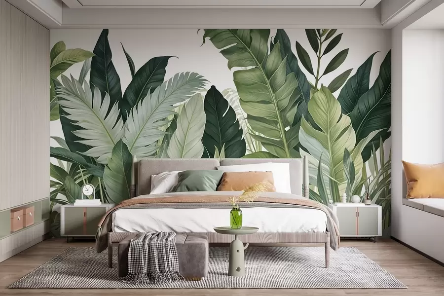wall murals Tropical foliage with various large green leaves, including banana leaves, palm leaves, and other exotic plant species w08609