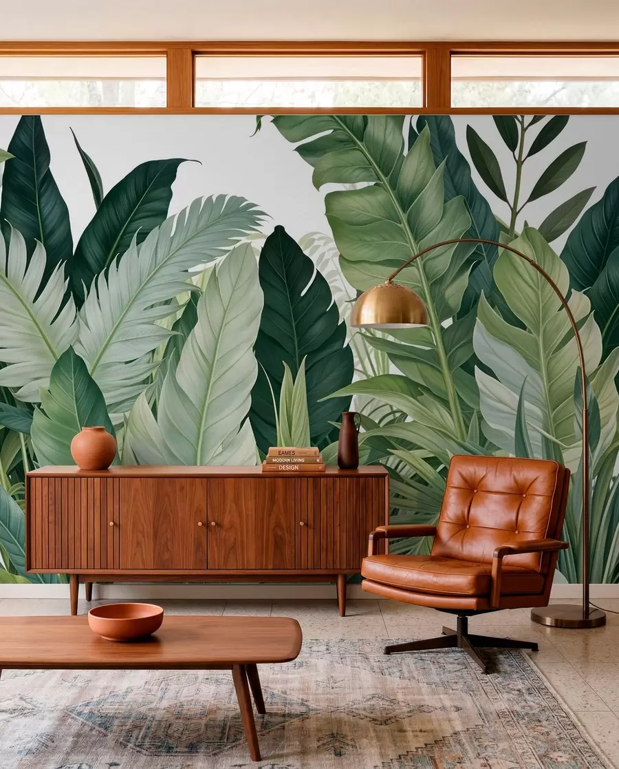 wall murals Tropical foliage with various large green leaves, including banana leaves, palm leaves, and other exotic plant species w08609