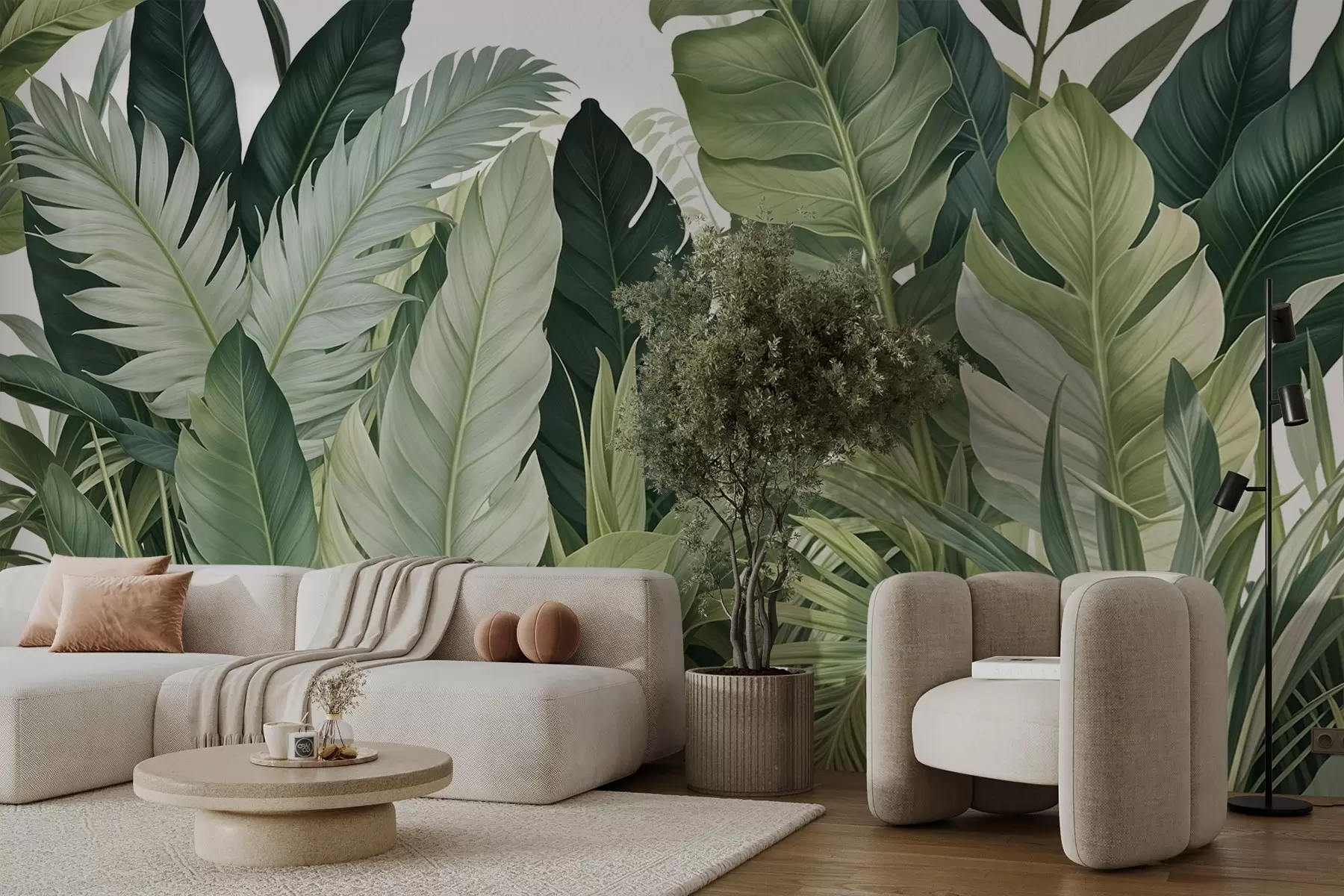 wall murals Tropical foliage with various large green leaves, including banana leaves, palm leaves, and other exotic plant species w08609