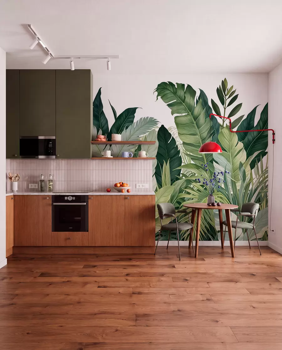 wall murals Tropical foliage with various large green leaves, including banana leaves, palm leaves, and other exotic plant species w08609