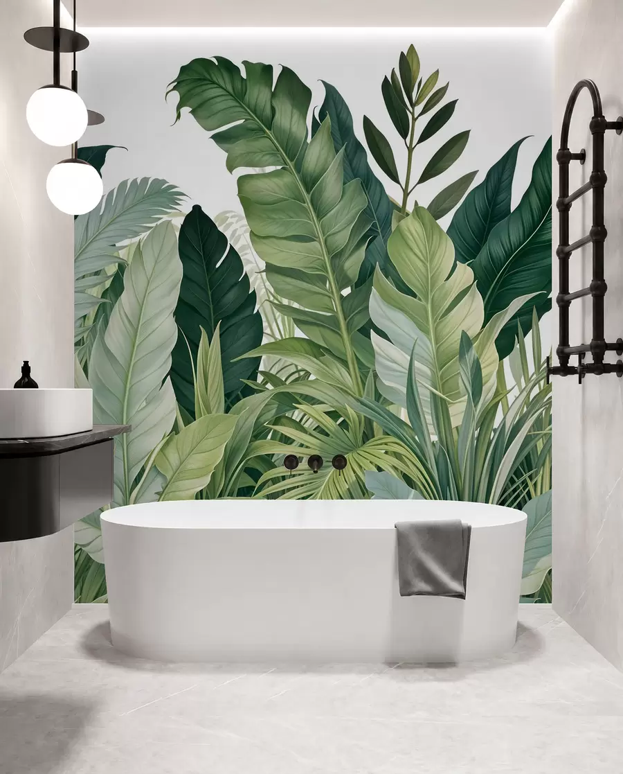 wall murals Tropical foliage with various large green leaves, including banana leaves, palm leaves, and other exotic plant species w08609