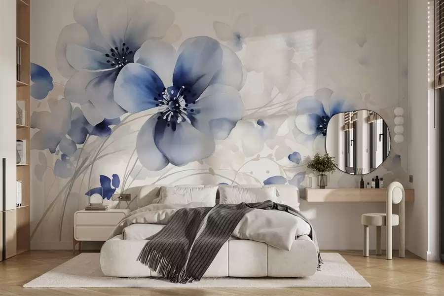 wall murals Delicate watercolor-like blue and white flowers with soft petals and blurred background w08610