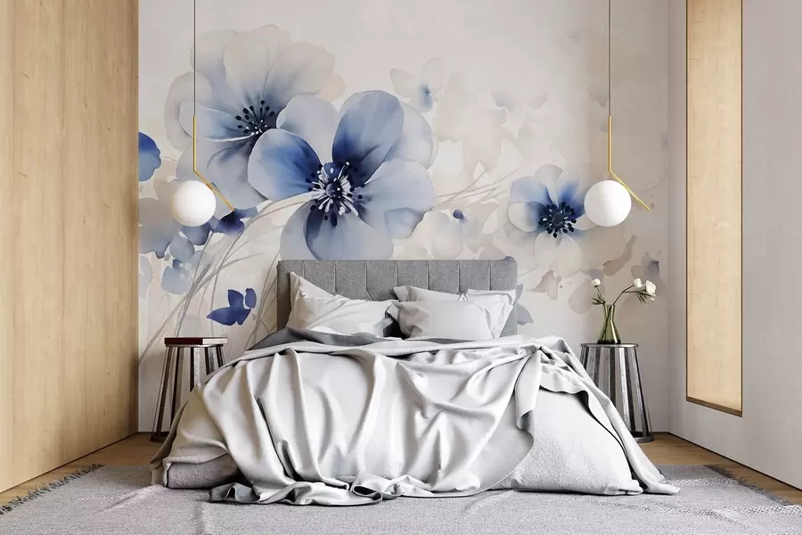 wall murals Delicate watercolor-like blue and white flowers with soft petals and blurred background w08610