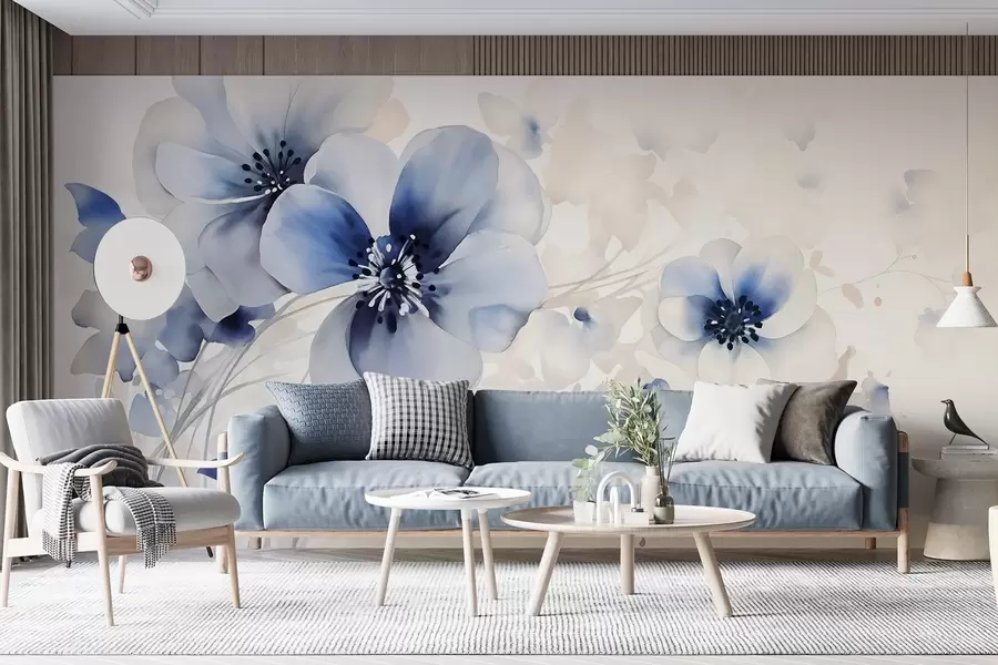 wall murals Delicate watercolor-like blue and white flowers with soft petals and blurred background w08610