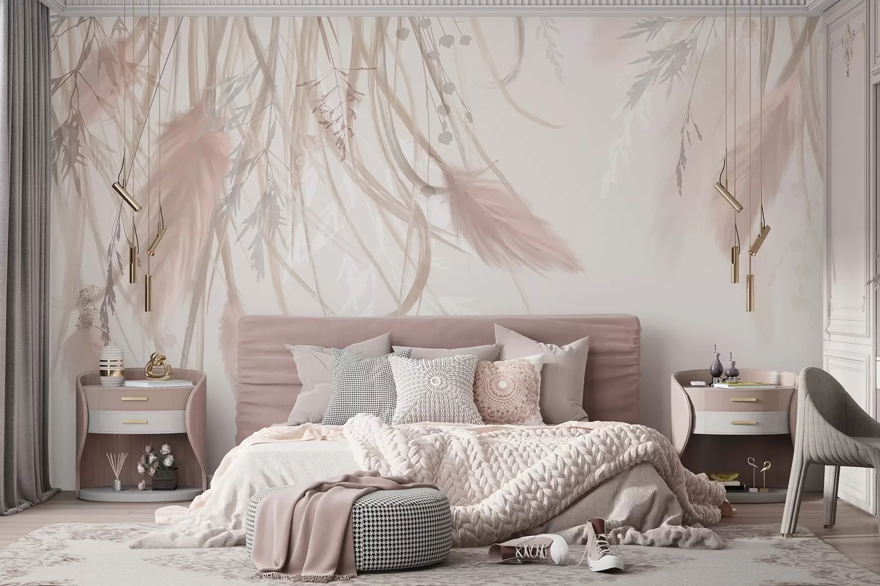 wall murals Soft, wispy pampas grass and spikelets in shades of beige and pink against a light background w08611