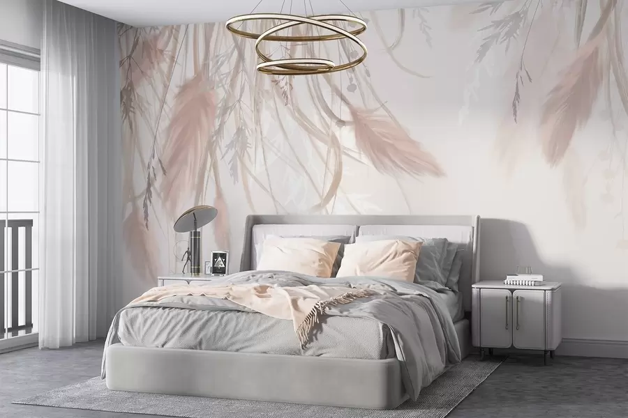 wall murals Soft, wispy pampas grass and spikelets in shades of beige and pink against a light background w08611