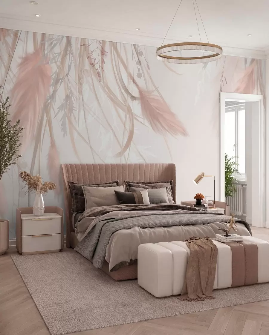 wall murals Soft, wispy pampas grass and spikelets in shades of beige and pink against a light background w08611