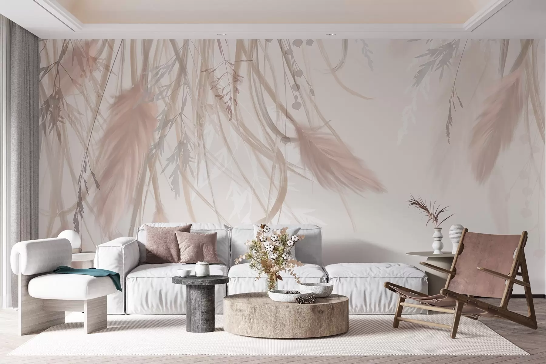 wall murals Soft, wispy pampas grass and spikelets in shades of beige and pink against a light background w08611