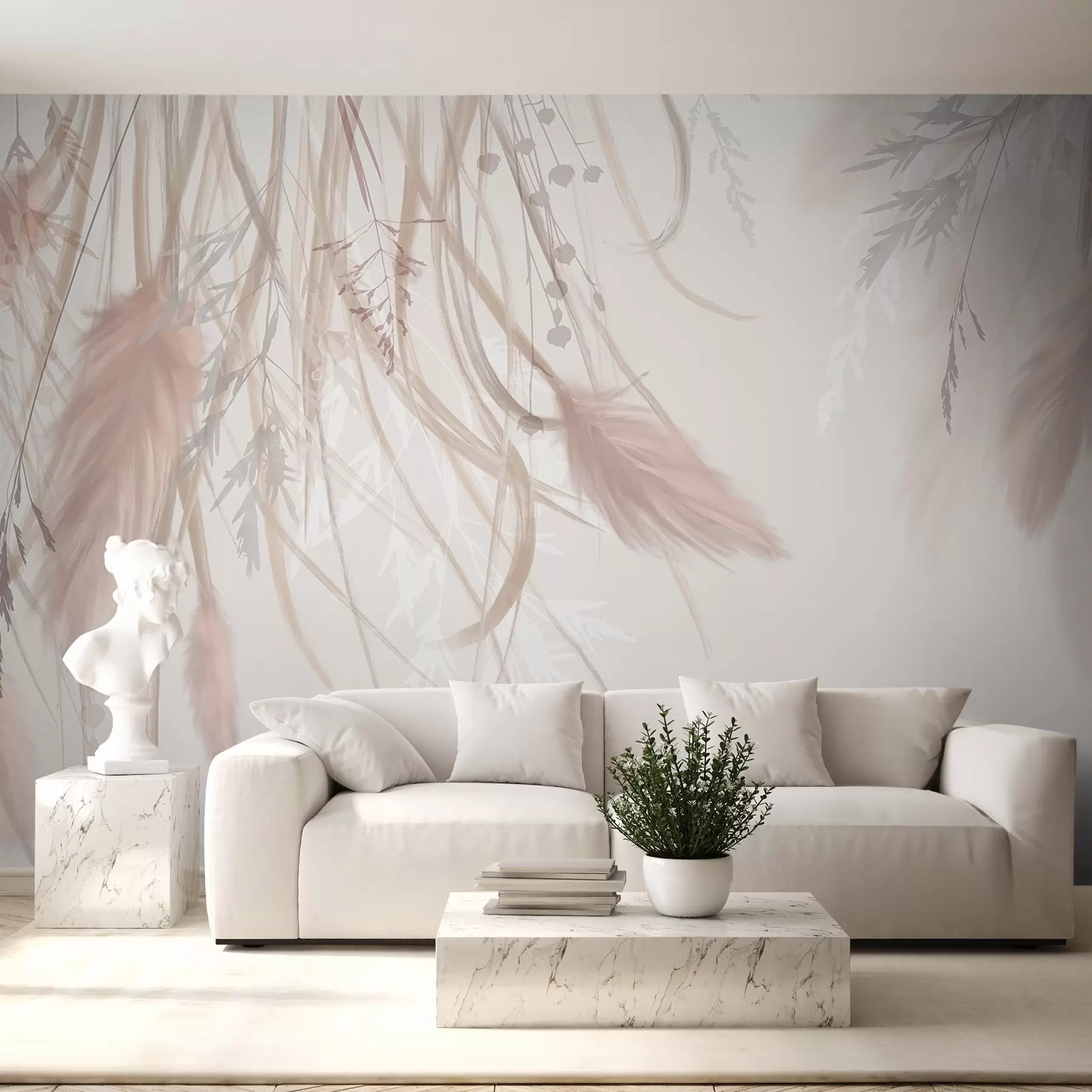 wall murals Soft, wispy pampas grass and spikelets in shades of beige and pink against a light background w08611